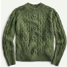 New With Tags, J. Crew Cable Knit Pointelle Pullover Sweater With Popcorn Flowers In Green. Relaxed Fit Classic Cable Knit Super Cozy Flowers Of Textured Popcorns Pointelle Stitch Details Pullover Styling Long Sleeve Crew Neck 50% Acrylic, 30% Alpaca, 20% Wool Style At823 Tag Size Xxs, But In My Opinion Fits Size Xxs, Xs Or Small Depending How Relaxed You Want It To Fit So I Have Included All Those Sizes In The Listing But Approximate Measurements Are Below. Bust From Underarm To Underarm: 19.5” Popcorn Flowers, Tartan Plaid Scarf, Sequined Sweatshirt, Yarn Sweater, Pointelle Sweater, Cashmere Hoodie, Leopard Print Sweater, Tartan Scarf, Linen Sweater