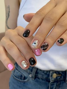 Girly Short Nails Design, Extra Short Manicure, Short Artistic Nails, Fun Short Acrylic Nails, Short Mismatched Nails, Fun Nail Art Short Nails, Short And Sweet Nails, Cute Gel Nail Designs For Short Nails, Maximalist Nails Short