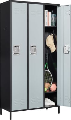 a gray locker with a tennis racket and hat