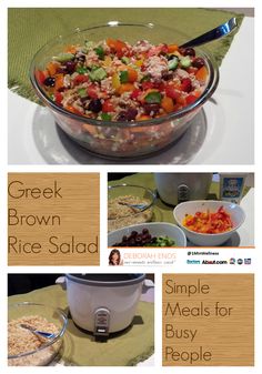 the recipe for greek brown rice salad is shown in four different pictures, including an empty casserole dish