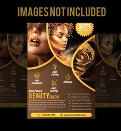 the beauty salon flyer is shown in gold and black