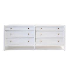 a white dresser with gold knobs on the top and bottom drawers, against a white background