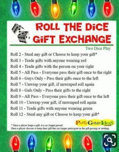 an advertisement for the roll the dice gift exchange with christmas lights on green grass and white background