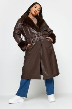 Shop YOURS Curve Brown Faux Fur Trim Trench Coat at Yours Clothing. Discover women’s plus size clothing in sizes 10-36 with fast delivery. Jumper And Jeans, Elegant Wedding Guest Dress, Size 16 Women, Long Puffer Coat, Style Coat, Plus Size Coats, Next Fashion, Faux Leather Fabric, Faux Fur Jacket