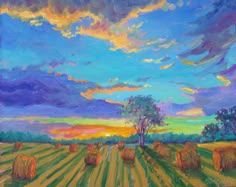 a painting of hay bales in a field at sunset