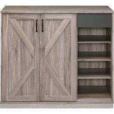 a wooden cabinet with sliding doors and shelves