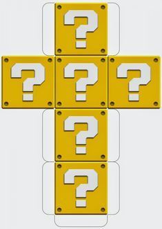 four yellow and white signs with question marks on them, all in the same direction