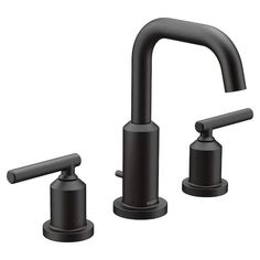 the black faucet is shown with two handles and one handle for soap dispenser