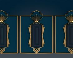 an art deco style wallpaper with gold and black accents on a dark blue background