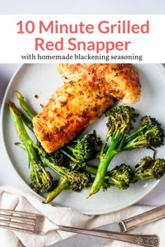 a white plate topped with broccoli and chicken next to a knife and fork