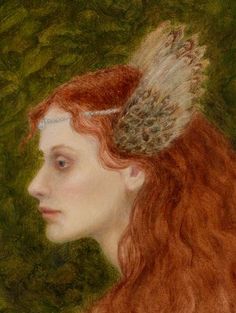 a painting of a woman with long red hair wearing a feathered headdress