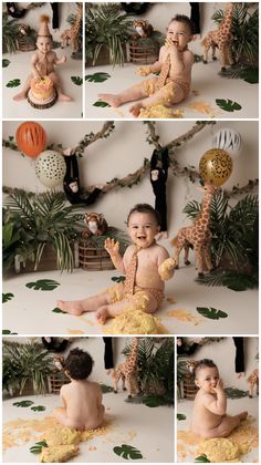 a baby sitting on the floor in front of a cake