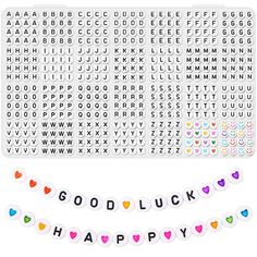 the words good luck and happy are spelled by letters that spell out goodbye, with hearts