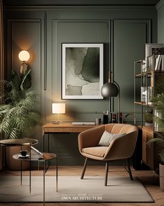 a living room with green walls and a chair in front of a desk that has a lamp on it