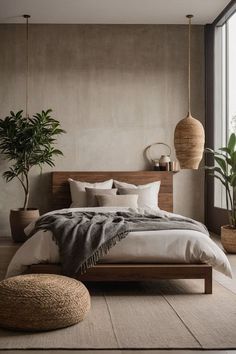 a large bed sitting next to a window in a room with plants on the wall