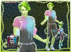 an animated image of a woman with green hair and chains around her neck, holding onto a man's hand