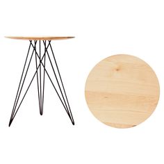 a small wooden table next to a metal and wood side table with hairpin legs