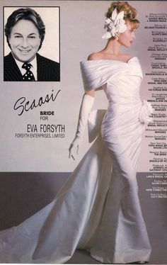 a woman in a white dress and gloves on the cover of a magazine with an image of eva forsyth