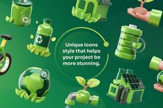 an advertisement with green items on it and the words unique icons style that helps your project be more stunning