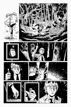 an image of a comic strip with some people in the woods and one is holding something