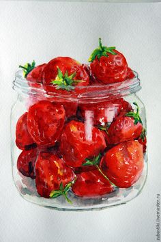 a painting of strawberries in a glass jar