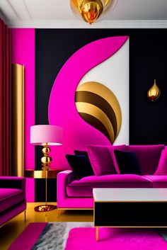 a living room with pink and black furniture