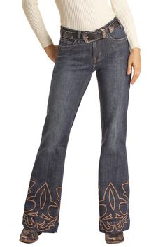 Introducing the Panhandle Slim® Women's Rock & Roll Dark Wash Embroidered Hem Denim Jeans! Crafted with a relaxed fit, mid rise, and 22.25" leg opening, these jeans offer maximum style and comfort. Boasting a dark wash and western embroidered flare, these jeans are made from a durable 98% cotton, 2% spandex blend. Elevate your wardrobe with these stylish jeans. Dark Wash Relaxed fit Mid Rise Leg Opening 22.25" Western Embroidered Flare 98% Cotton, 2% Spandex Country Apparel, Kids Jeans Boys, Mens Stretch Jeans, Womens Stretch Jeans, Womens Boyfriend Jeans, Womens Flare Jeans, Womens Cropped Jeans