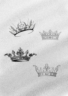 black and white drawing of crowns flying in the sky