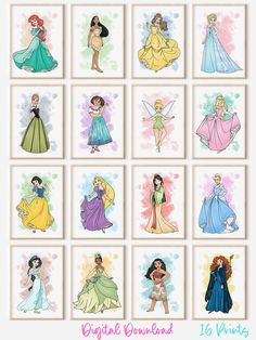 the disney princesses are all drawn in different colors