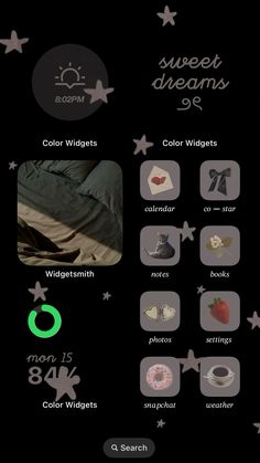 an iphone screen with various items on it and the words sweet dreams are shown below