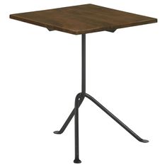 a wooden table with metal legs and a square top on an iron stand, isolated against a white background