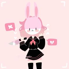 a pink rabbit girl with long hair and black dress holding a cell phone in her hand