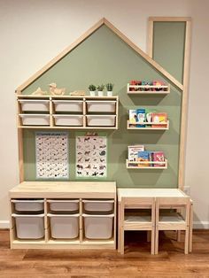 a child's playroom with shelves and bins