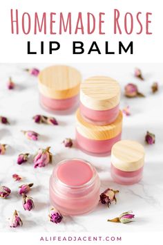 Learn how to make homemade rose lip balm scented with the luxurious fragrance of fresh roses. Not only does this tinted rose lip balm look lovely, but it’s also wonderfully moisturizing for dry lips. It’s rich, smooth and glossy with just a hint of soft pink tint. This recipe is also incredibly easy to make! Made with natural ingredients like shea butter and coconut oil. Choose to fragrance your DIY lip balm with rose wax, essential oils or rose petals. #lipbalm #diylipbalm | ALifeAdjacent.com Lip Balm Diy, Rose Salve, Diy Lip Balm Recipes, Rose Lip Balm, Rose Lip, Lip Balm Recipes, Natural Beauty Recipes, Diy Rose, Homemade Lip Balm