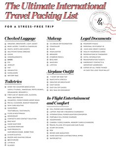 the ultimate international travel packing list is shown in black and white, with red lettering