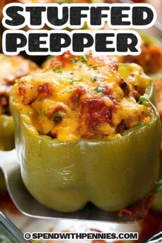 stuffed peppers in a glass dish with text overlay