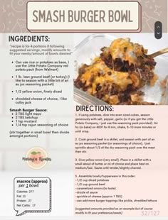 the recipe for mash burger bowl is shown in this brochure style poster