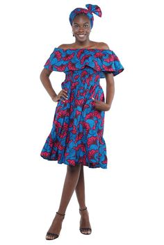 Ankara print woven A-line dress with layered detail, has an off-shoulder neck, short sleeves, smoked bodice and flared hem. The elastic top gives a fitted look to any size. The dress has two convinient pockets and comes with a head wrap.  One Size Fits up to chest size 50 Inches Length - 38 Inches Two Convenient Pockets Head Wrap Delivery Time: 5-7 Business Days Free shipping for orders within US Colors may slightly vary from the photos.             Size Chart  Chest  Length       Sleeves Ankara Print, Elastic Top, Head Wrap, Dress Clothes For Women, Head Wraps, Short Dress, Ankara, Fit And Flare, A Line Dress