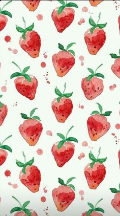 watercolor strawberrys on white background with green leaves and pink berries in the middle