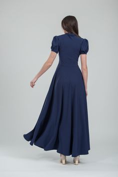 Beautiful navy blue dress made from soft suiting fabric. This evening formal gown has chic fit and flare silhouette, short bell sleeves, bow tie on the neck and side seam pockets, invisible zipper in side seam. Sleeve length 23 centimeters (9 inches). Can be made in plus sizes, junior bridesmaids and in maternity style. If measurements don`t match any size in my chart, I highly recommend a custom fit. Visit my FAQ section for required measurements. Model wears size US 8, she is 180 cm tall. Plea Evening Outfits For Women, Mother Daughter Matching Dresses, Bridesmaid Dresses Long Blue, Modest Homecoming Dresses, Long Flared Skirt, Women Dresses Casual Summer, Zero Hour, Tulle Skirt Dress, Mother Daughter Dresses Matching