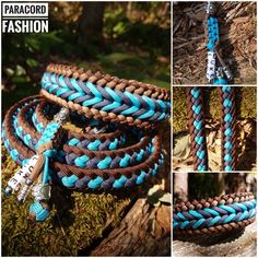 several pictures of different colored rope with silver and blue beads on it, including one in the