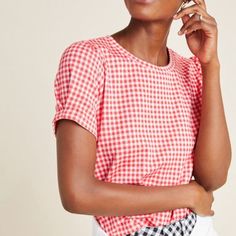 Anthropologie Gingham Puffed Sleeve Top New With Tags Size Xs. Never Worn! Retail Price $68. Preppy Gingham Tops For Spring, Spring Preppy Gingham Tops, Spring Gingham Preppy Tops, Casual Gingham Puff Sleeve Blouse, Casual Gingham Blouse With Puff Sleeves, Gingham Short Sleeve Blouse For Work, Short Sleeve Gingham Blouse For Work, Chic Plaid Puff Sleeve Tops, Short Sleeve Gingham Blouse For Day Out