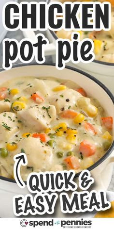 chicken pot pie recipe in a white casserole dish with the title above it