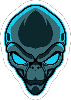 an alien sticker with blue eyes and black head is shown in this image, it appears to be looking angry