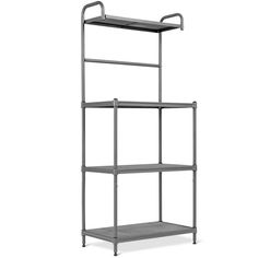 a metal shelving unit with three shelves and one shelf on the bottom, in front of a white background