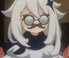 an anime character with white hair and glasses wearing a cat costume, staring at the camera