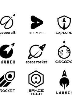 logos designed to look like spaceships and rocket ships are shown in black on a white background