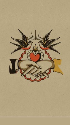 two hands holding each other over a heart and banner with birds flying around it on a beige background