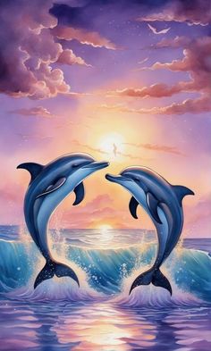 two dolphins jumping out of the water at sunset