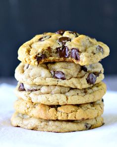 chocolate chip cookies stacked on top of each other